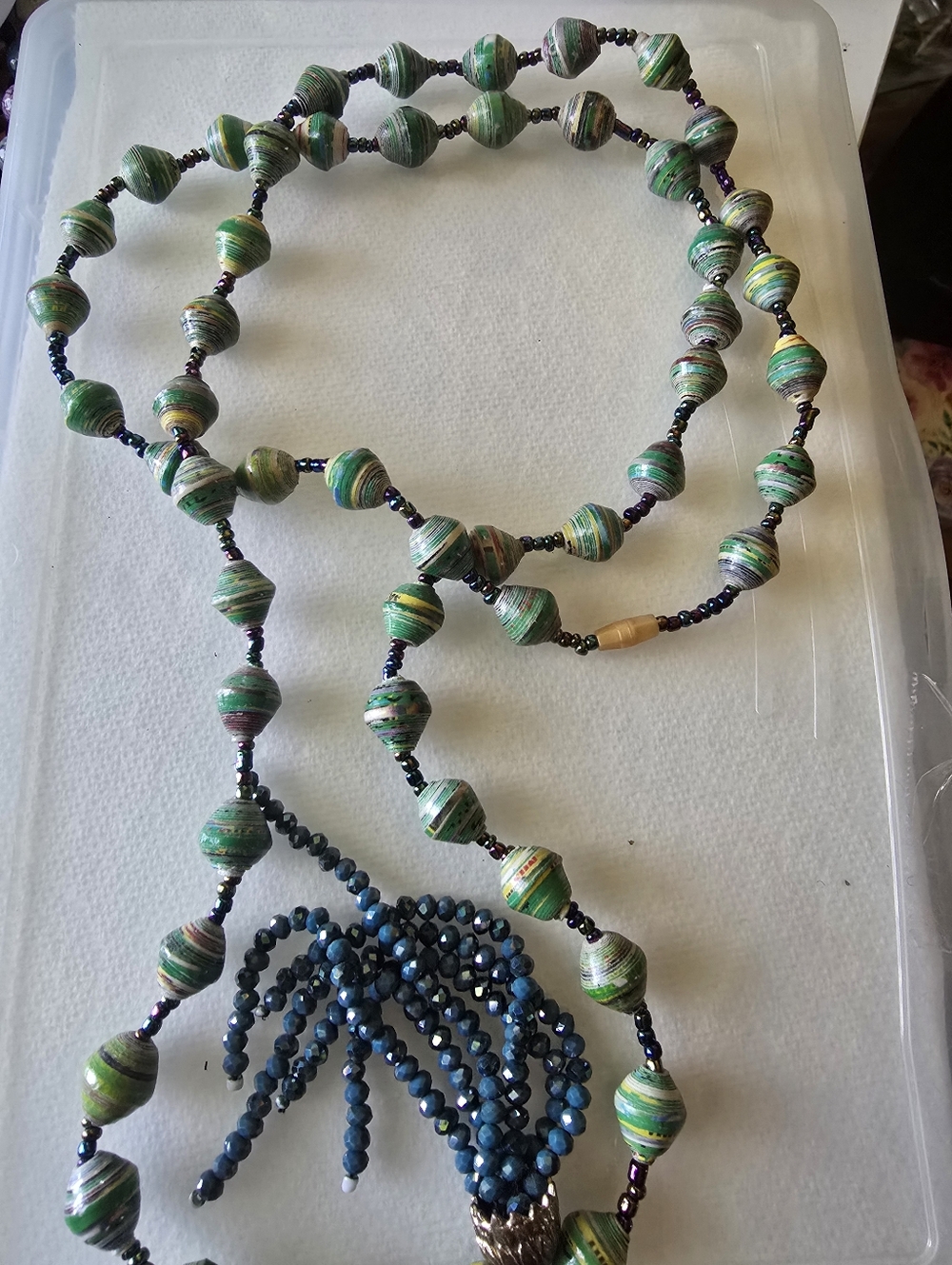 Handmade Green Beaded Paper Bead Necklace